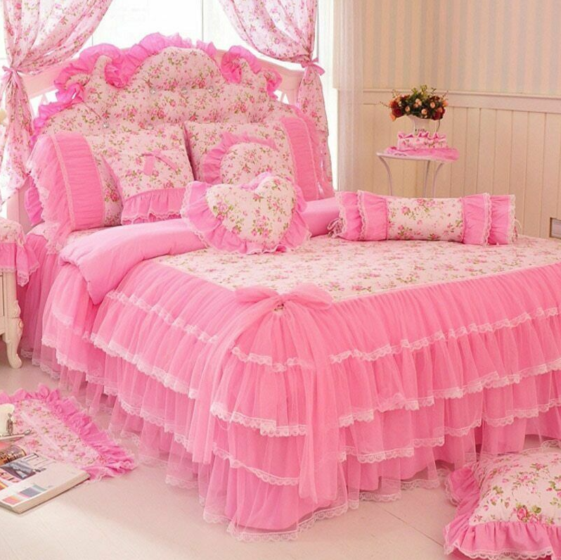 Pink Lace Princess Cotton Bedding Set King Queen 4pcs Duvet Cover Bed Skirts New