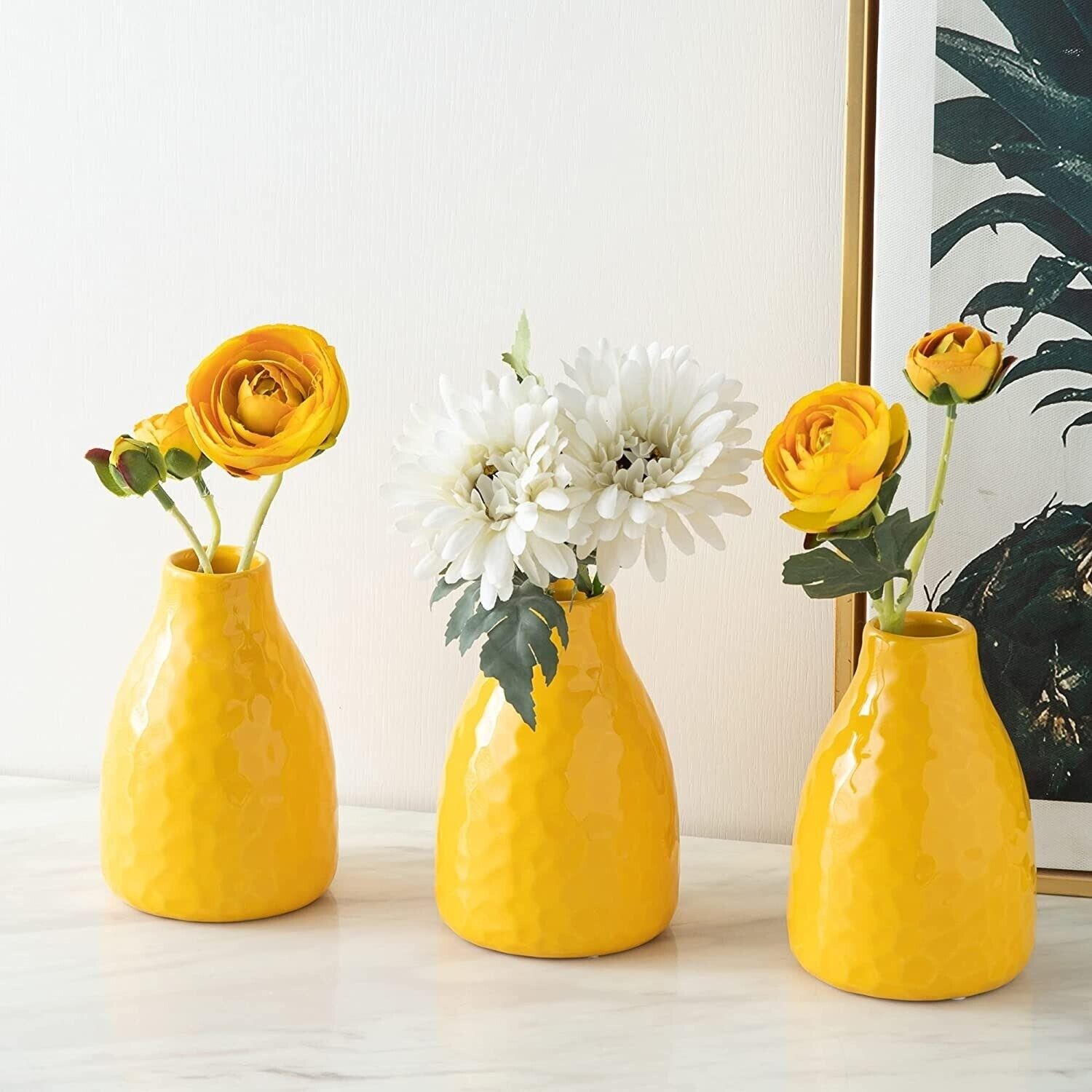 Home Living Room Decor Set of 3 Small Yellow Stoneware Ceramic Flowers Vase